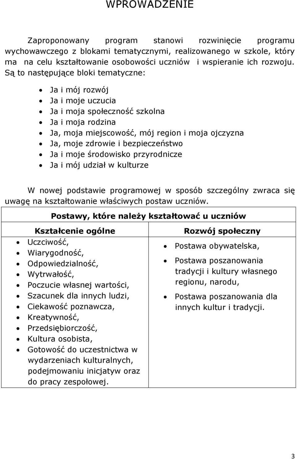 Są to następujące bloki tematyczne: Ja i mój rozwój Ja i moje uczucia Ja i moja społeczność szkolna Ja i moja rodzina Ja, moja miejscowość, mój region i moja ojczyzna Ja, moje zdrowie i