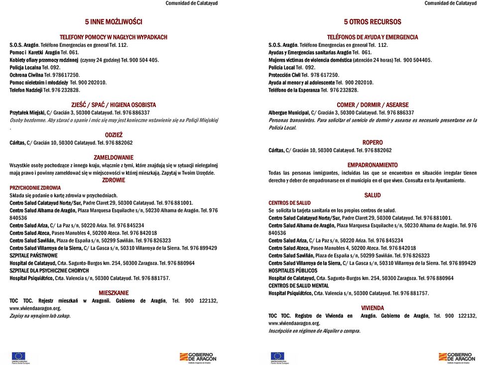 976 232828. ZJEŚĆ / SPAĆ / HIGIENA OSOBISTA Przytułek Miejski, C/ Gracián 3, 50300 Calatayud. Tel. 976 886337 Osoby bezdomne.