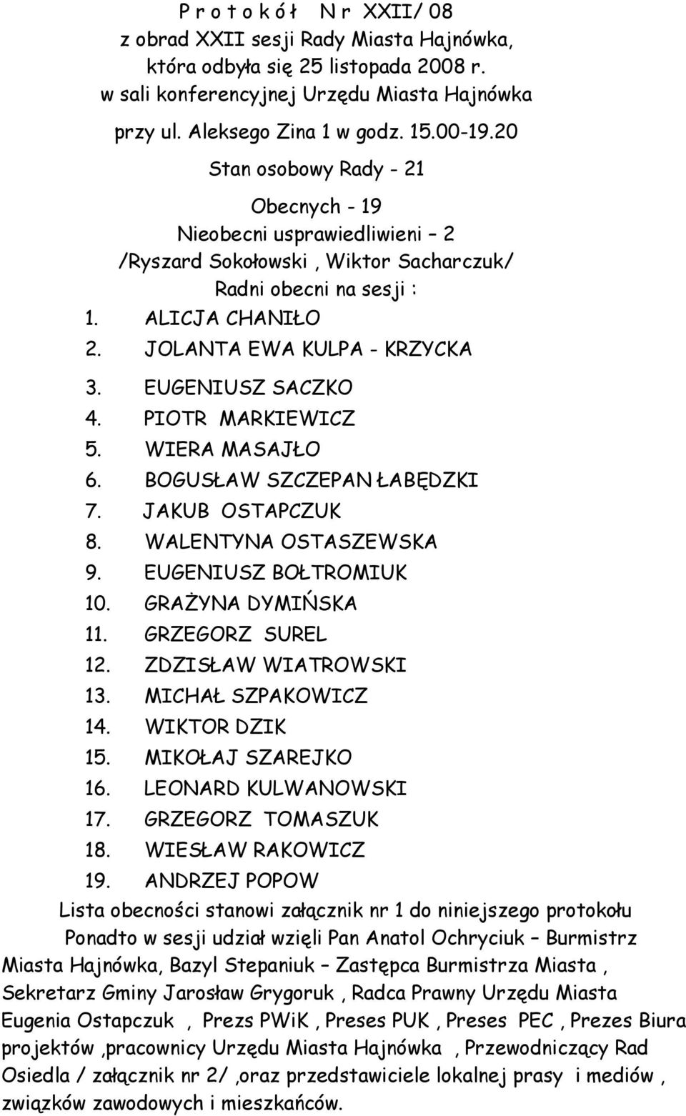 EUGENIUSZ SACZKO 4. PIOTR MARKIEWICZ 5. WIERA MASAJŁO 6. BOGUSŁAW SZCZEPAN ŁABĘDZKI 7. JAKUB OSTAPCZUK 8. WALENTYNA OSTASZEWSKA 9. EUGENIUSZ BOŁTROMIUK 10. GRAśYNA DYMIŃSKA 11. GRZEGORZ SUREL 12.
