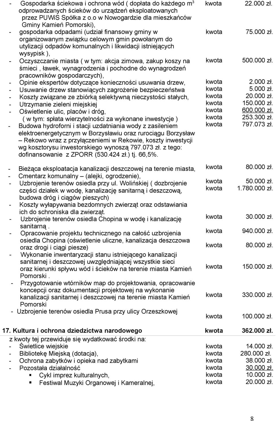 istniejących wysypisk ), - Oczyszczanie miasta ( w tym: akcja zimowa, zakup koszy na śmieci, ławek, wynagrodzenia i pochodne do wynagrodzeń pracowników gospodarczych), - Opinie ekspertów dotyczące