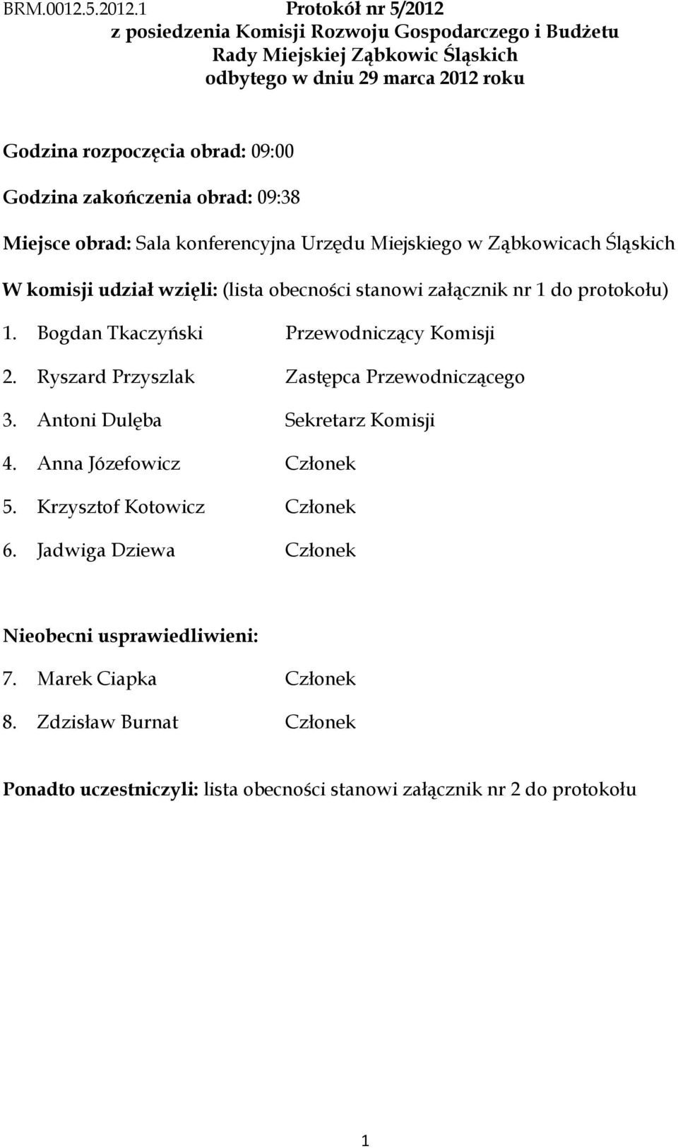 zakończenia obrad: 09:38 Miejsce obrad: Sala konferencyjna Urzędu Miejskiego w Ząbkowicach Śląskich W komisji udział wzięli: (lista obecności stanowi załącznik nr 1 do protokołu) 1.