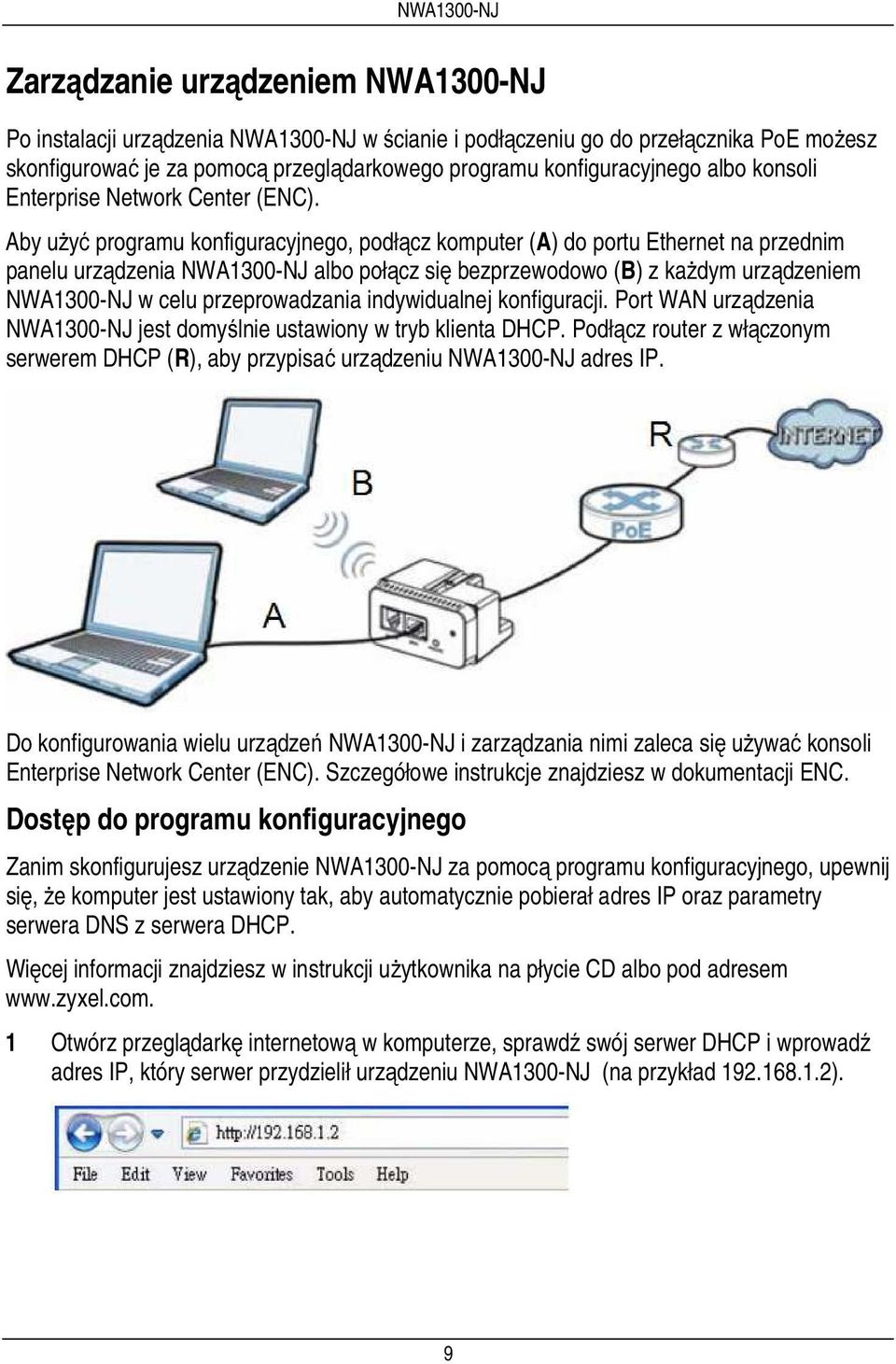 Aby użyć programu konfiguracyjnego, podłącz komputer (A) do portu Ethernet na przednim panelu urządzenia NWA1300-NJ albo połącz się bezprzewodowo (B) z każdym urządzeniem NWA1300-NJ w celu