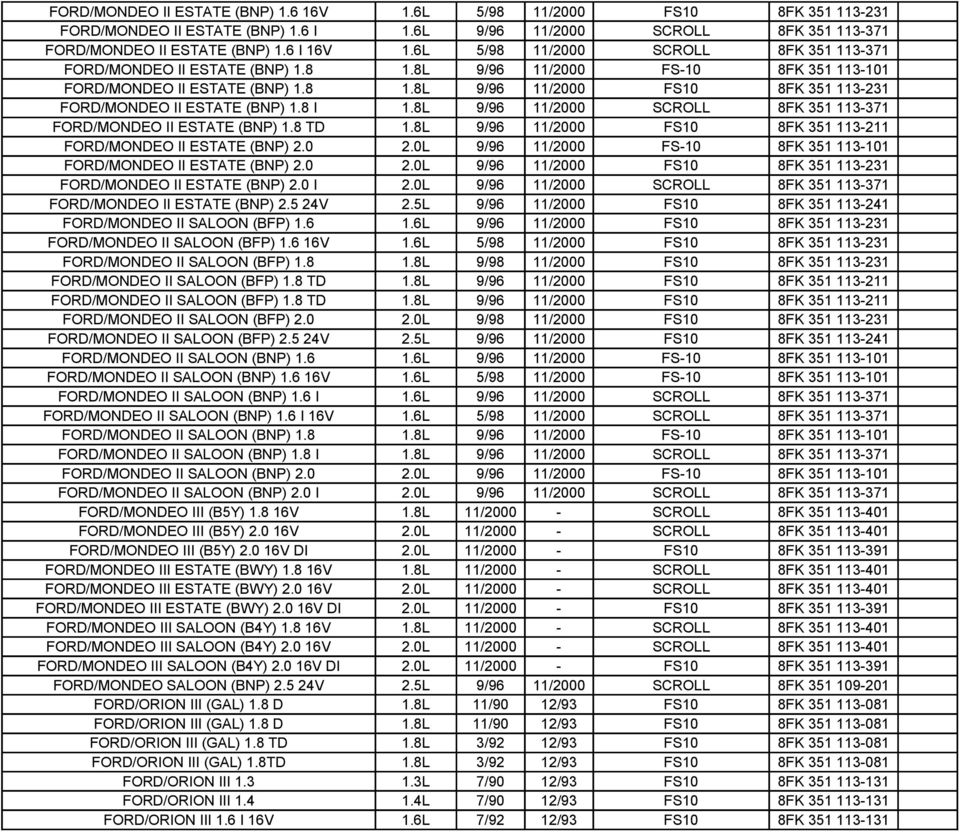 8 I 1.8L 9/96 11/2000 SCROLL 8FK 351 113-371 FORD/MONDEO II ESTATE (BNP) 1.8 TD 1.8L 9/96 11/2000 FS10 8FK 351 113-211 FORD/MONDEO II ESTATE (BNP) 2.0 2.