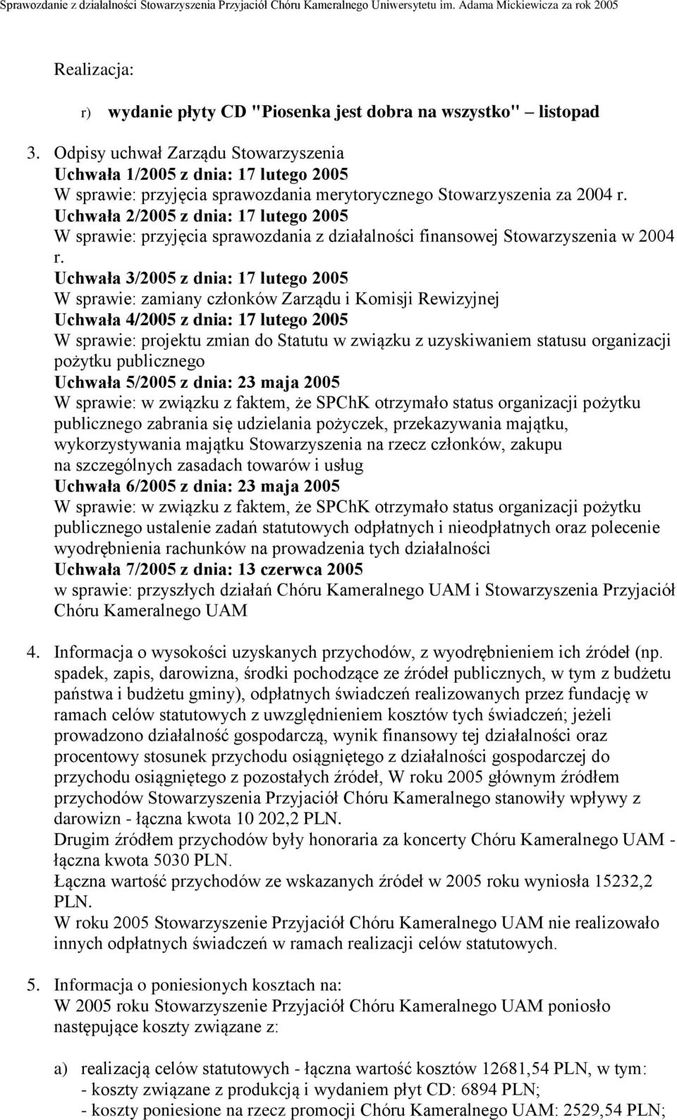 Uchwała 2/2005 z dnia: 17 lutego 2005 W sprawie: przyjęcia sprawozdania z działalności finansowej Stowarzyszenia w 2004 r.