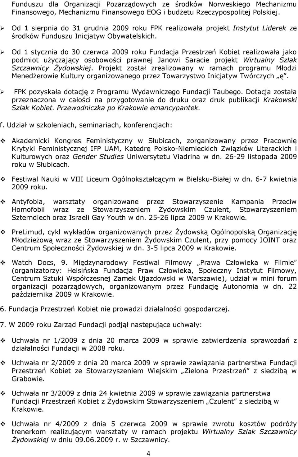 Od 1 stycznia do 30 czerwca 2009 roku Fundacja Przestrzeń Kobiet realizowała jako podmiot użyczający osobowości prawnej Janowi Saracie projekt Wirtualny Szlak Szczawnicy Żydowskiej.