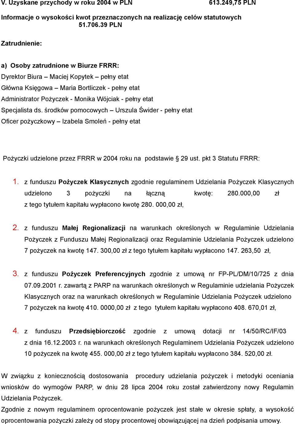 Specjalista ds. środków pomocowych Urszula Świder - pełny etat Oficer pożyczkowy Izabela Smoleń - pełny etat Pożyczki udzielone przez FRRR w 2004 roku na podstawie 29 ust. pkt 3 Statutu FRRR: 1.