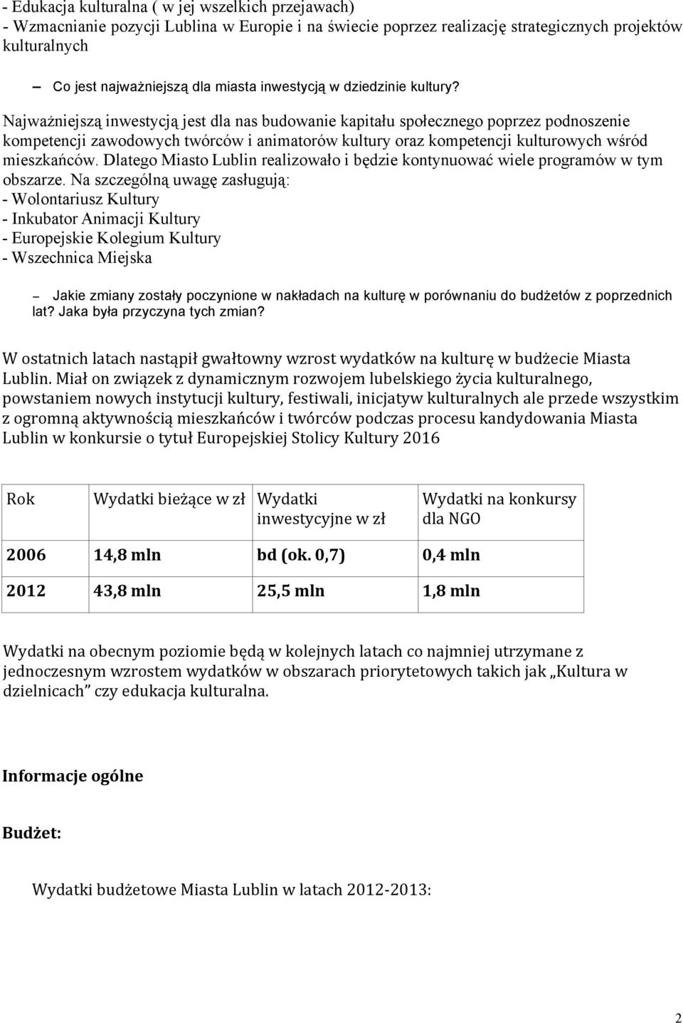 Najważniejszą inwestycją jest dla nas budowanie kapitału społecznego poprzez podnoszenie kompetencji zawodowych twórców i animatorów kultury oraz kompetencji kulturowych wśród mieszkańców.