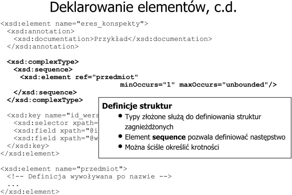 <xsd:element ref="przedmiot" minoccurs="1" maxoccurs="unbounded"/> </xsd:sequence> </xsd:complextype> Definicje struktur <xsd:key name="id_wersji"> Typy
