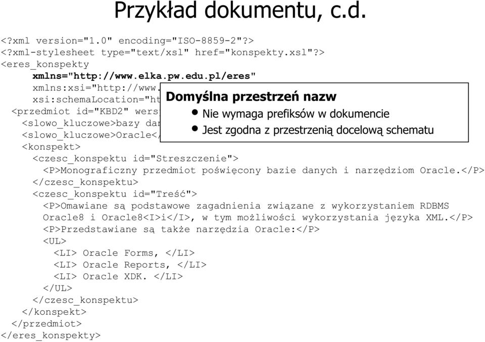 xsd"> <przedmiot id="kbd2" wersja="1"> Nie wymaga prefiksów w dokumencie <slowo_kluczowe>bazy danych</slowo_kluczowe> <slowo_kluczowe>oracle</slowo_kluczowe> Jest zgodna z przestrzenią docelową