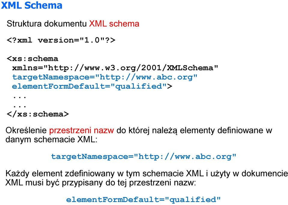 ..... </xs:schema> Określenie przestrzeni nazw do której należą elementy definiowane w danym schemacie XML: