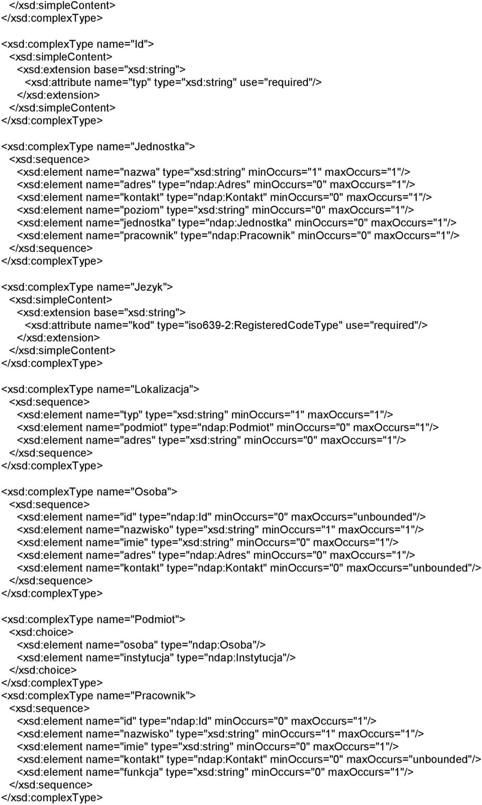 <xsd:element name="poziom" type="xsd:string" minoccurs="0" maxoccurs="1"/> <xsd:element name="jednostka" type="ndap:jednostka" minoccurs="0" maxoccurs="1"/> <xsd:element name="pracownik"