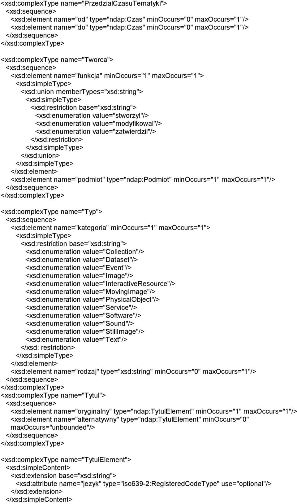 value="modyfikowal"/> <xsd:enumeration value="zatwierdzil"/> </xsd:union> <xsd:element name="podmiot" type="ndap:podmiot" minoccurs="1" maxoccurs="1"/> <xsd:complextype name="typ"> <xsd:element