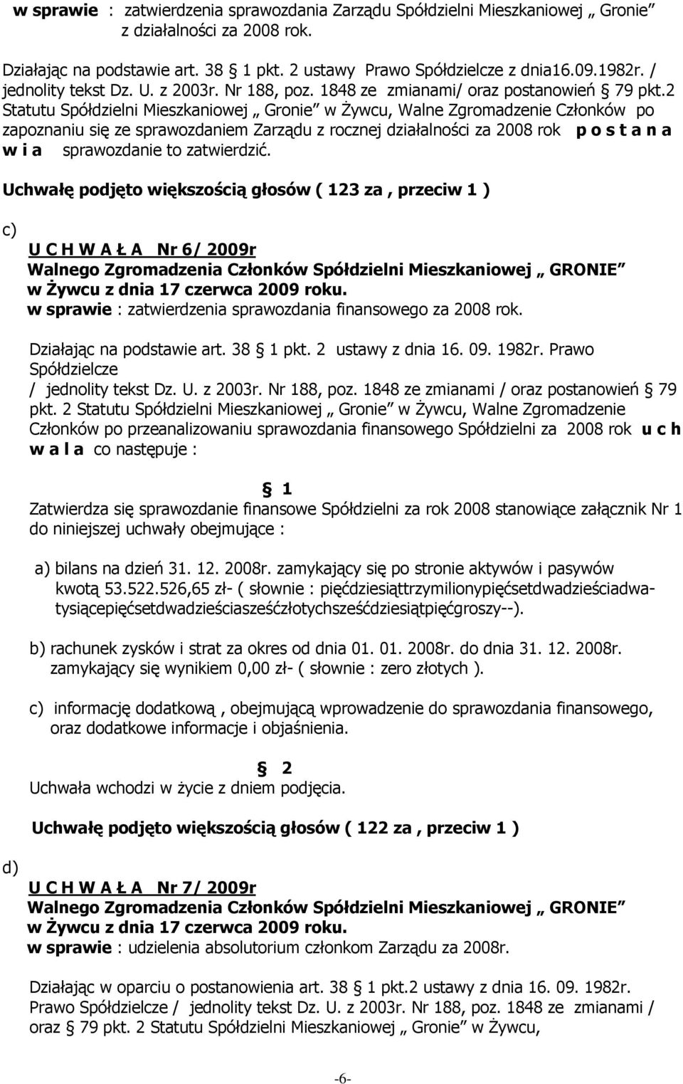 2 Statutu Spółdzielni Mieszkaniowej Gronie w śywcu, Walne Zgromadzenie Członków po zapoznaniu się ze sprawozdaniem Zarządu z rocznej działalności za 2008 rok p o s t a n a w i a sprawozdanie to