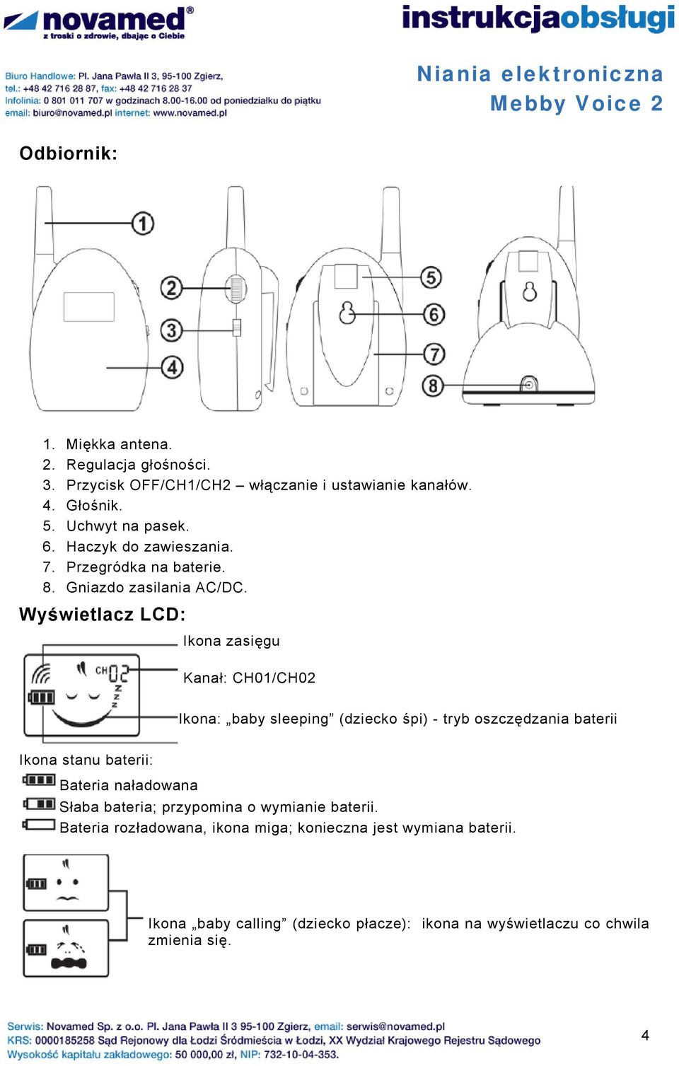 Wyświetlacz LCD: Ikona zasięgu Kanał: CH01/CH02 Ikona: baby sleeping (dziecko śpi) - tryb oszczędzania baterii Ikona stanu baterii: Bateria