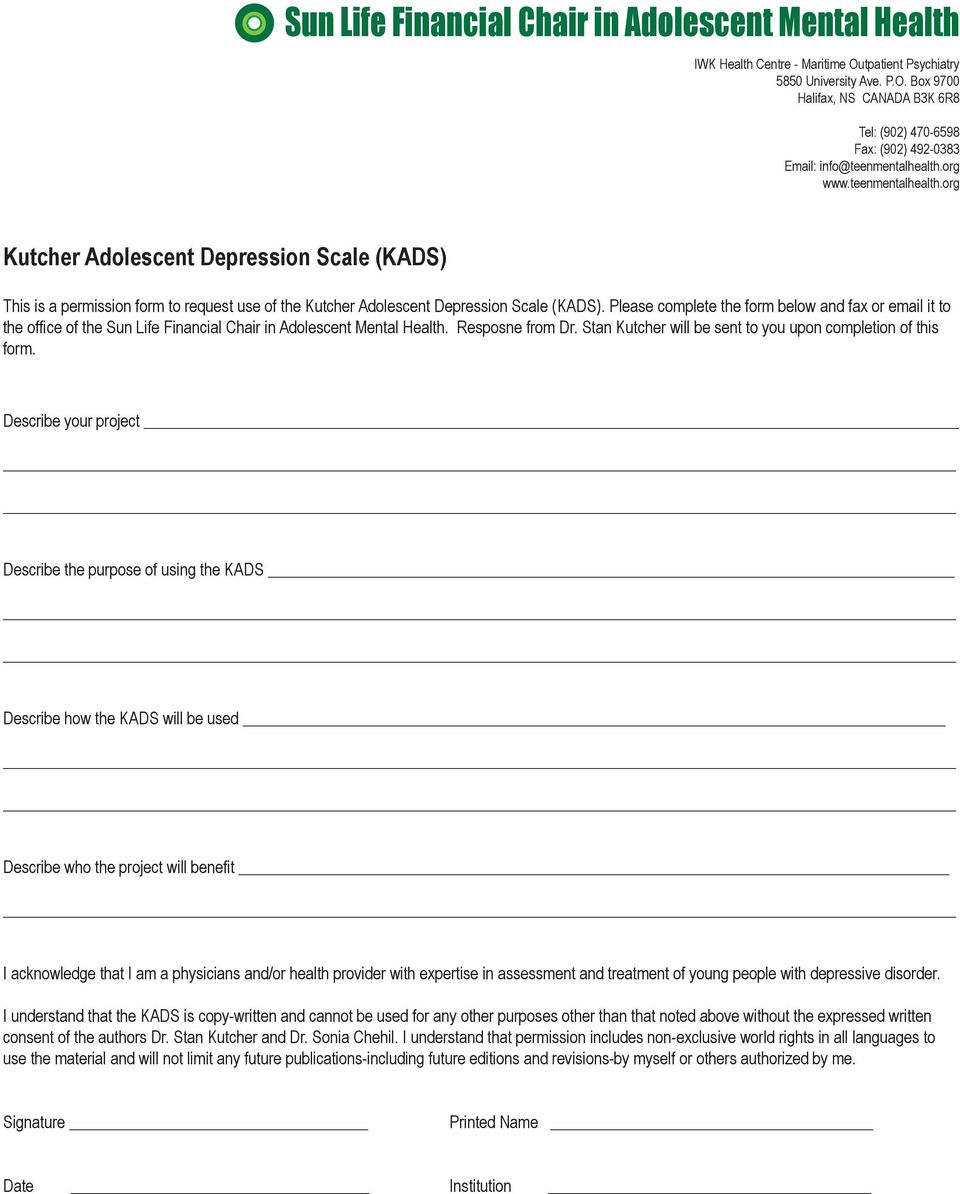 Please complete the form below and fax or email it to the office of the Sun Life Financial Chair in Adolescent Mental Health. Resposne from Dr.