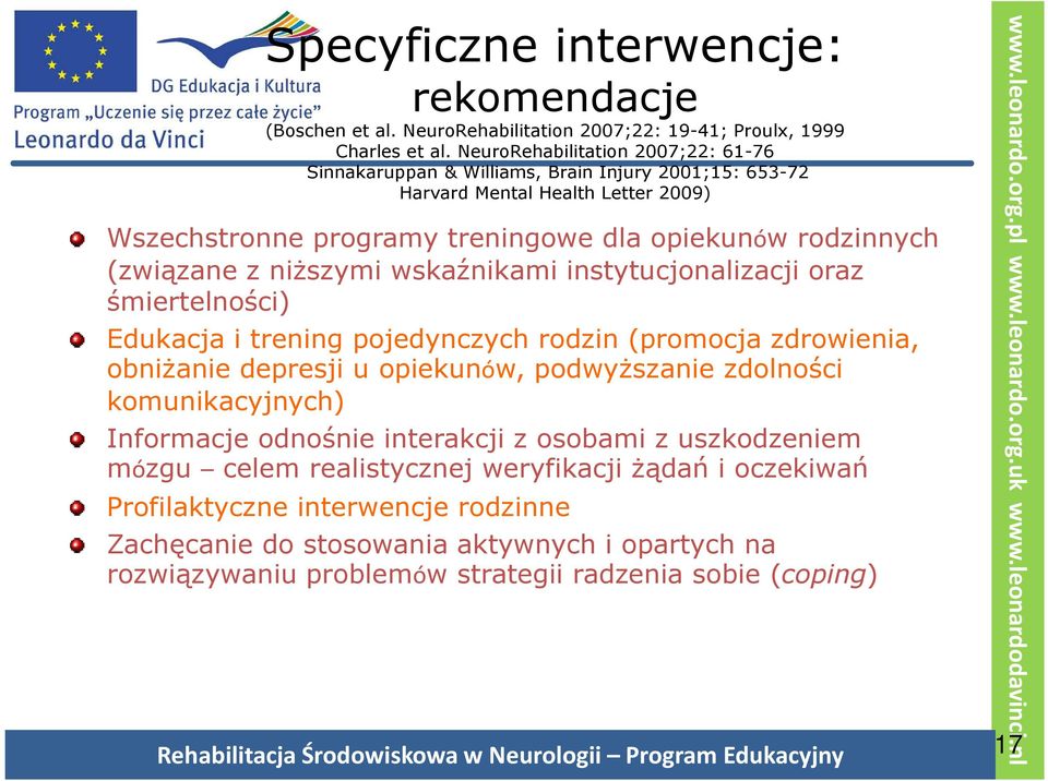 (związane z niższymi wskaźnikami instytucjonalizacji oraz śmiertelności) Edukacja i trening pojedynczych rodzin (promocja zdrowienia, obniżanie depresji u opiekunów, podwyższanie zdolności