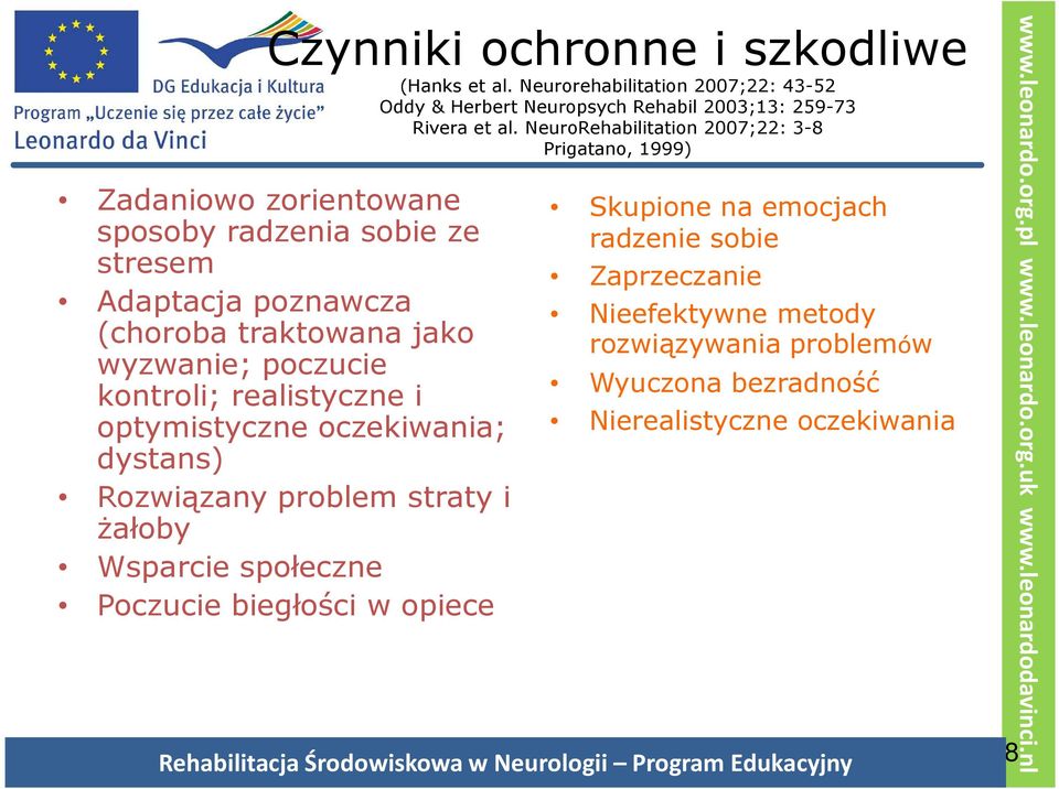 kontroli; realistyczne i optymistyczne oczekiwania; dystans) Rozwiązany problem straty i żałoby Wsparcie społeczne Poczucie biegłości w opiece Skupione na emocjach radzenie sobie