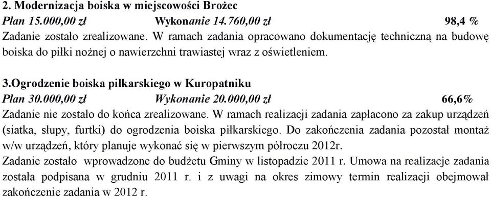 000,00 zł Wykonanie 20.000,00 zł 66,6% Zadanie nie zostało do końca zrealizowane. W ramach realizacji zadania zapłacono za zakup urządzeń (siatka, słupy, furtki) do ogrodzenia boiska piłkarskiego.