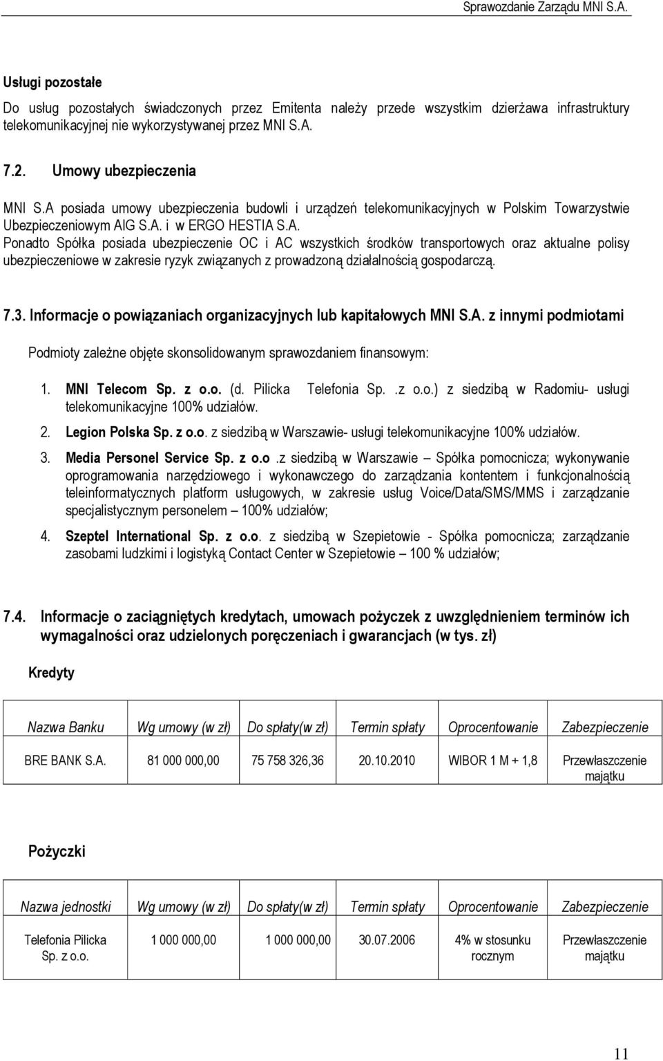 7.3. Informacje o powiązaniach organizacyjnych lub kapitałowych MNI S.A. z innymi podmiotami Podmioty zależne objęte skonsolidowanym sprawozdaniem finansowym: 1. MNI Telecom Sp. z o.o. (d.