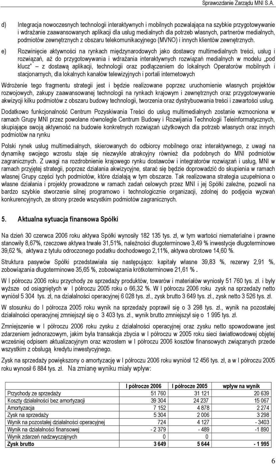 e) Rozwinięcie aktywności na rynkach międzynarodowych jako dostawcy multimedialnych treści, usług i rozwiązań, aż do przygotowywania i wdrażania interaktywnych rozwiązań medialnych w modelu pod klucz