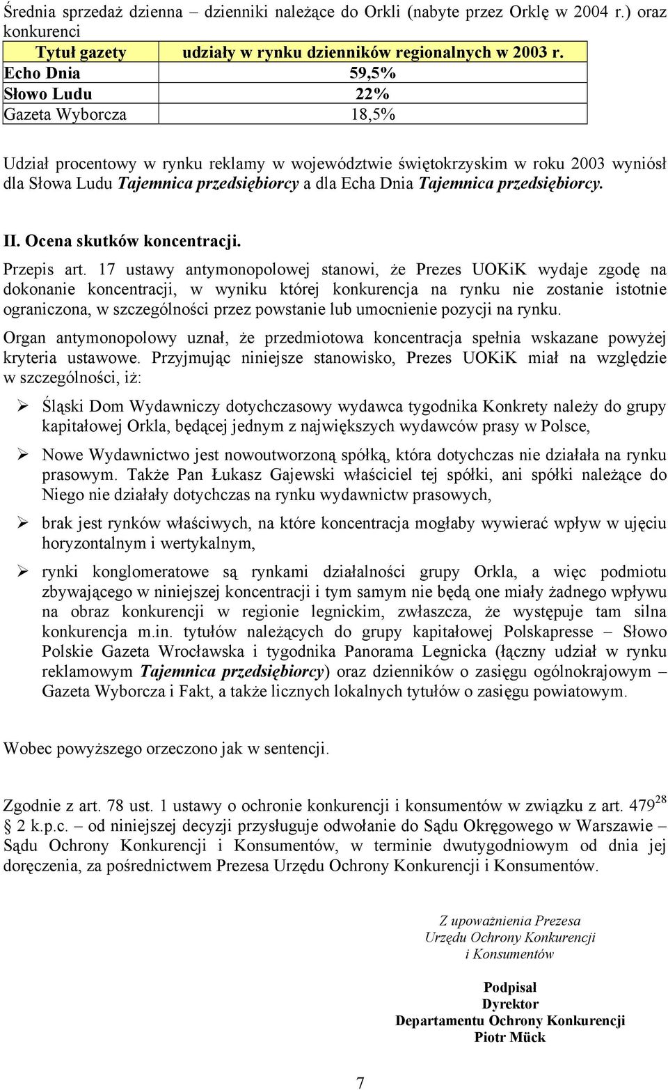 Tajemnica przedsiębiorcy. II. Ocena skutków koncentracji. Przepis art.