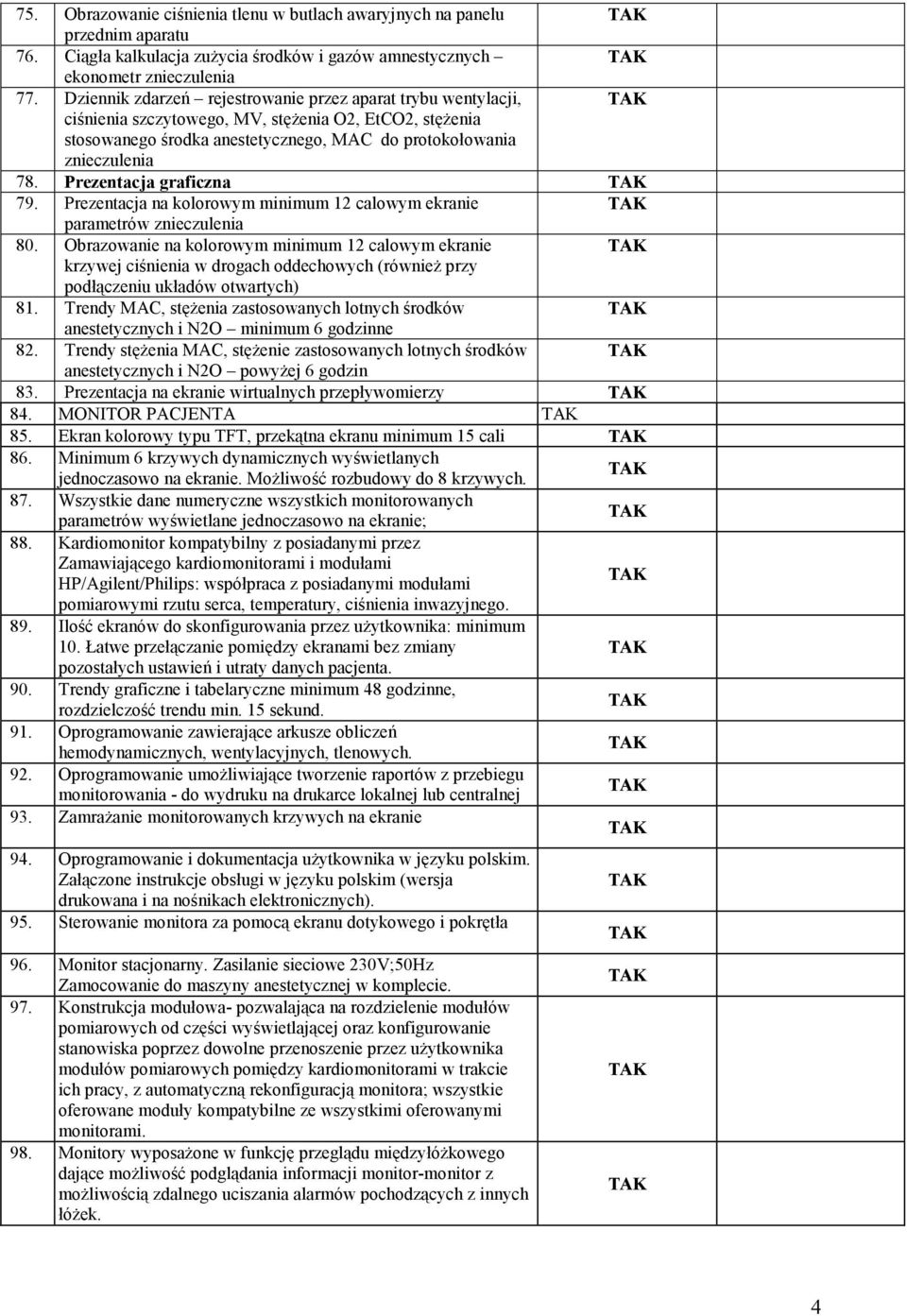 Prezentacja graficzna 79. Prezentacja na kolorowym minimum 12 calowym ekranie parametrów znieczulenia 80.