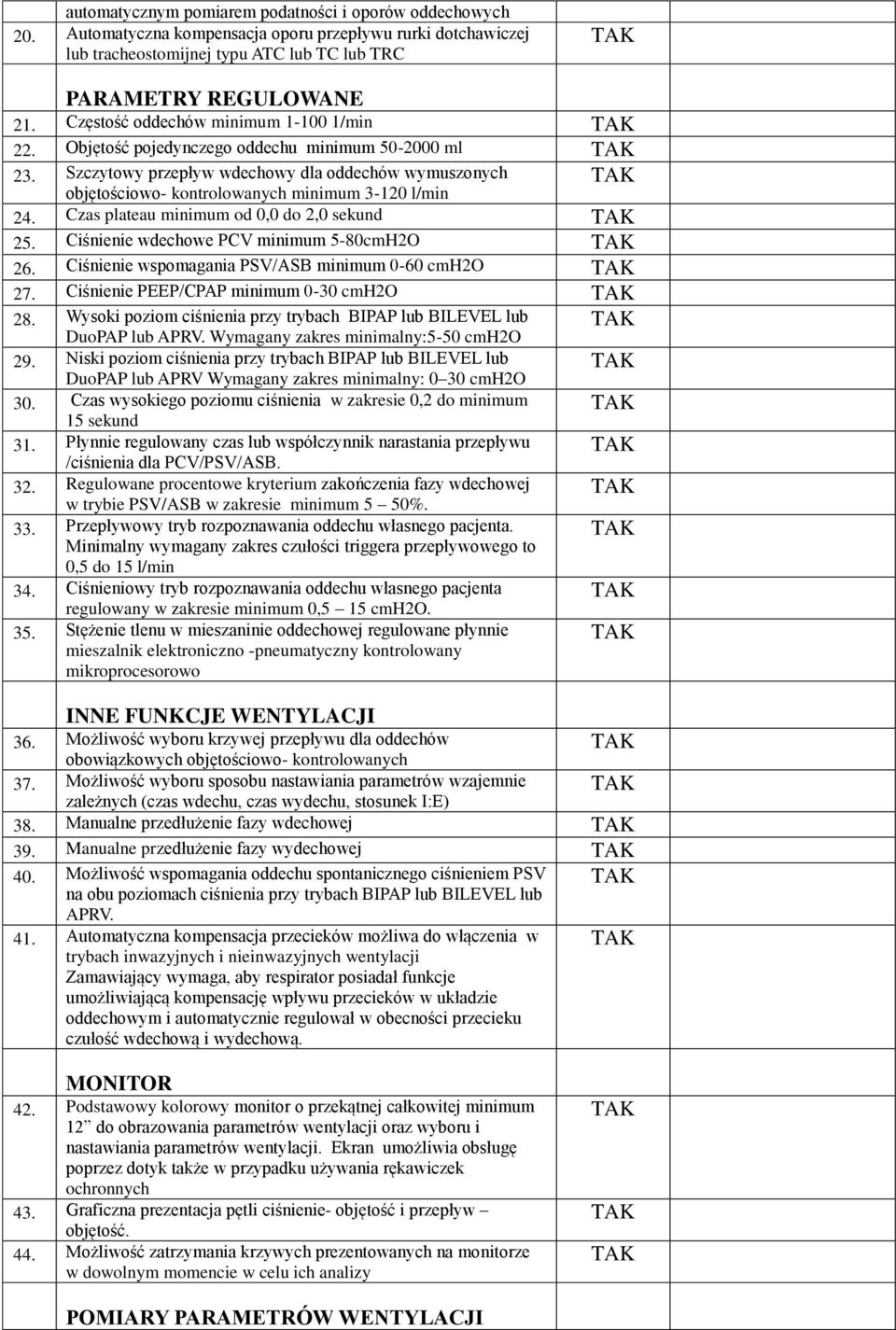 Czas plateau minimum od 0,0 do 2,0 sekund 25. Ciśnienie wdechowe PCV minimum 5-80cmH2O 26. Ciśnienie wspomagania PSV/ASB minimum 0-60 cmh2o 27. Ciśnienie PEEP/CPAP minimum 0-30 cmh2o 28.