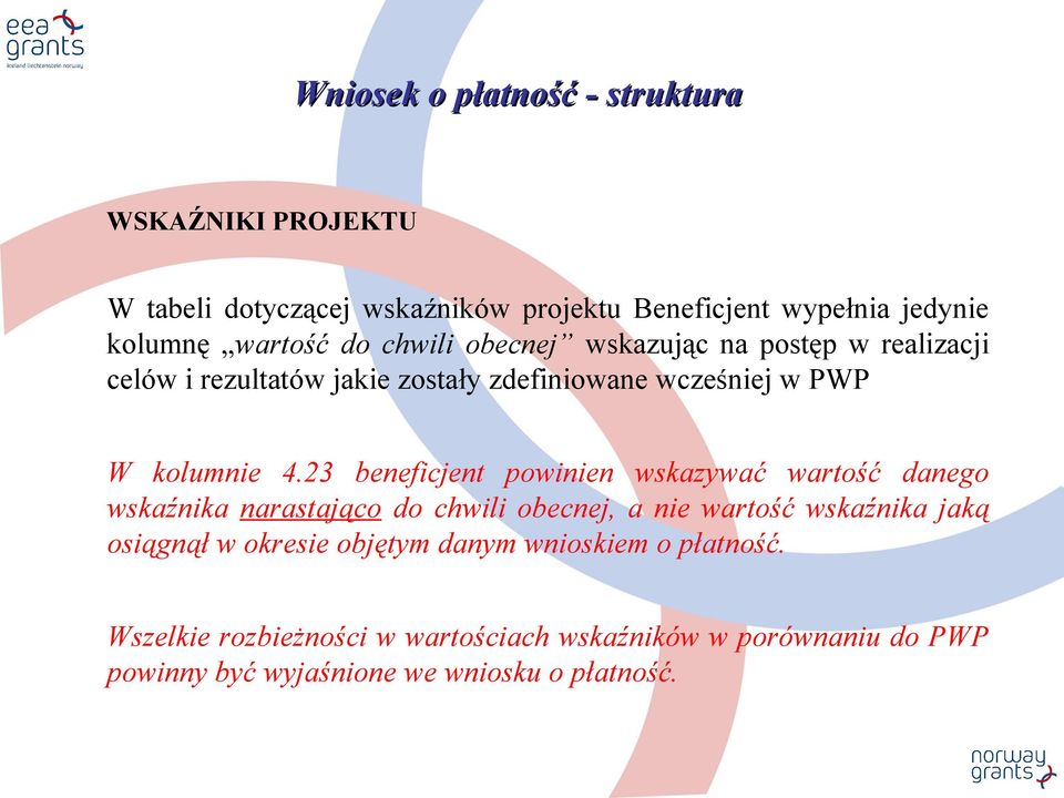 23 beneficjent powinien wskazywać wartość danego wskaźnika narastająco do chwili obecnej, a nie wartość wskaźnika jaką osiągnął w