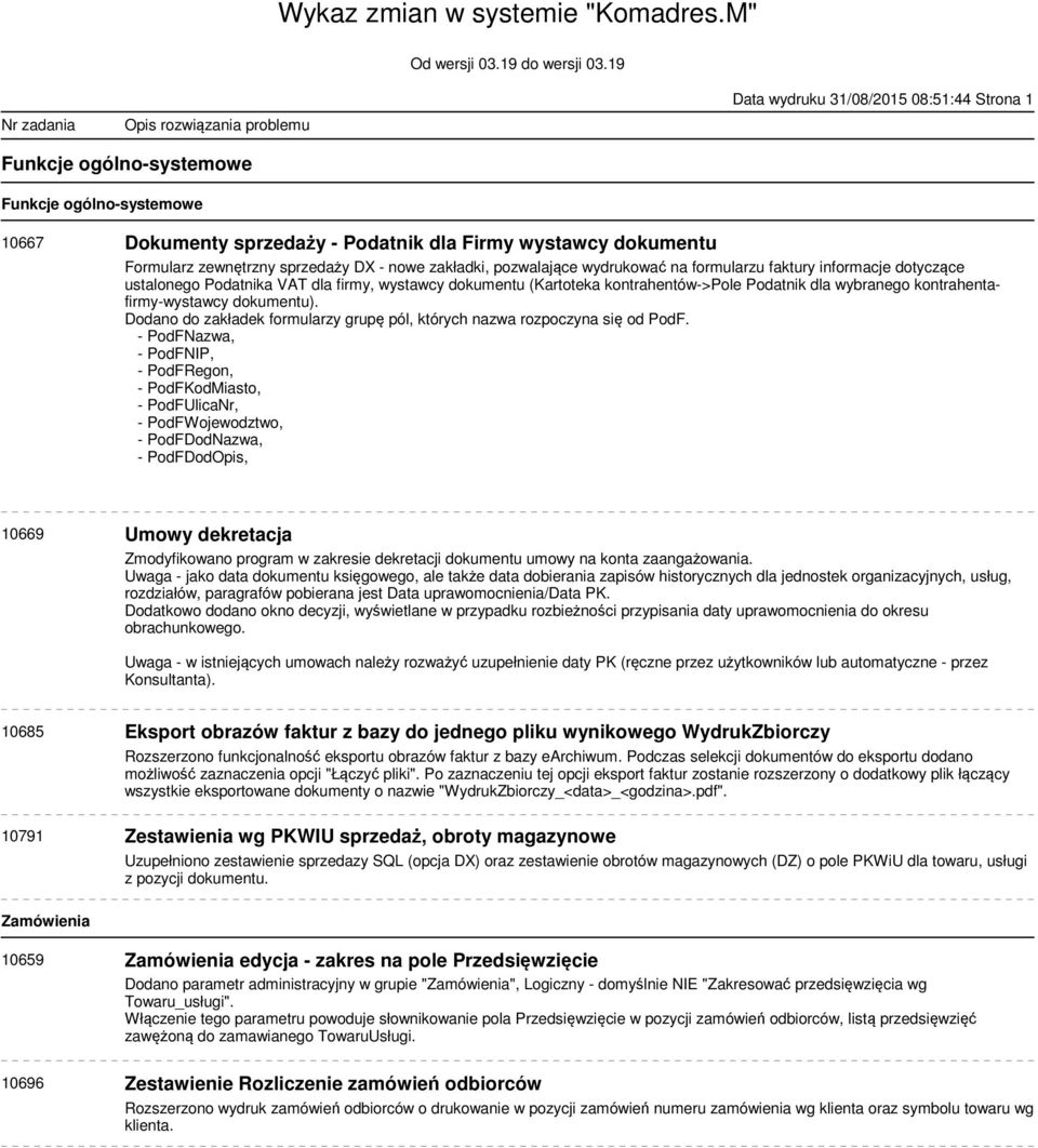 kontrahentafirmy-wystawcy dokumentu). Dodano do zakładek formularzy grupę pól, których nazwa rozpoczyna się od PodF.