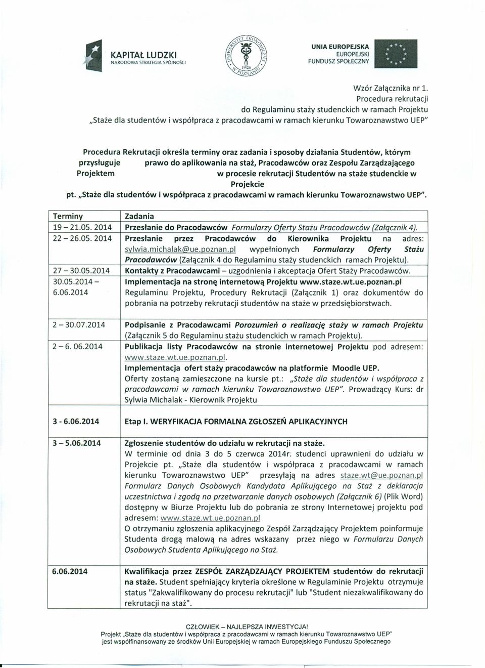 zadania i sposoby działania Studentów, którym przysługuje prawo do aplikowania na staż, Pracodawców oraz Zespołu Zarządzającego Projektem w procesie rekrutacji Studentów na staże studenckie w