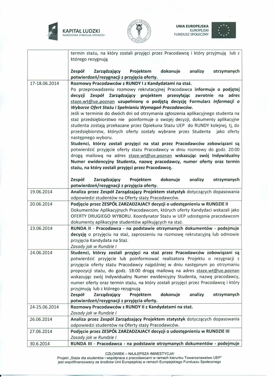 Po przeprowadzeniu rozmowy rekrutacyjnej Pracodawca informuje o podjętej decyzji Zespół Zarządzający projektem przesyłając zwrotnie na adres staze.wt@ue.