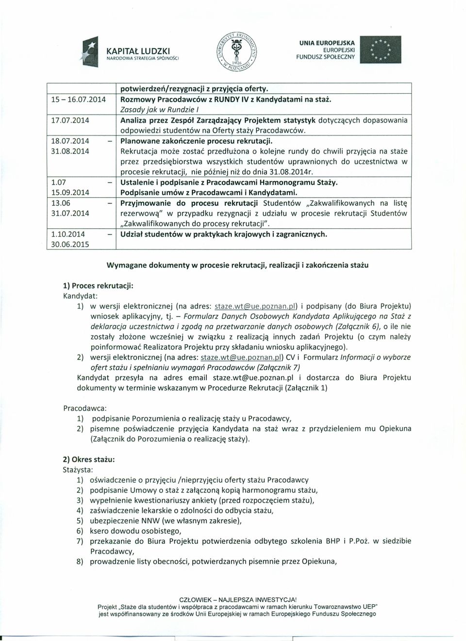 2014 Analiza przez Zespół Zarządzający Projektem statystyk dotyczących dopasowania odpowiedzi studentów na Oferty staży Pracodawców. 18.07.2014 - Planowane zakończenie procesu rekrutacji. 31.08.