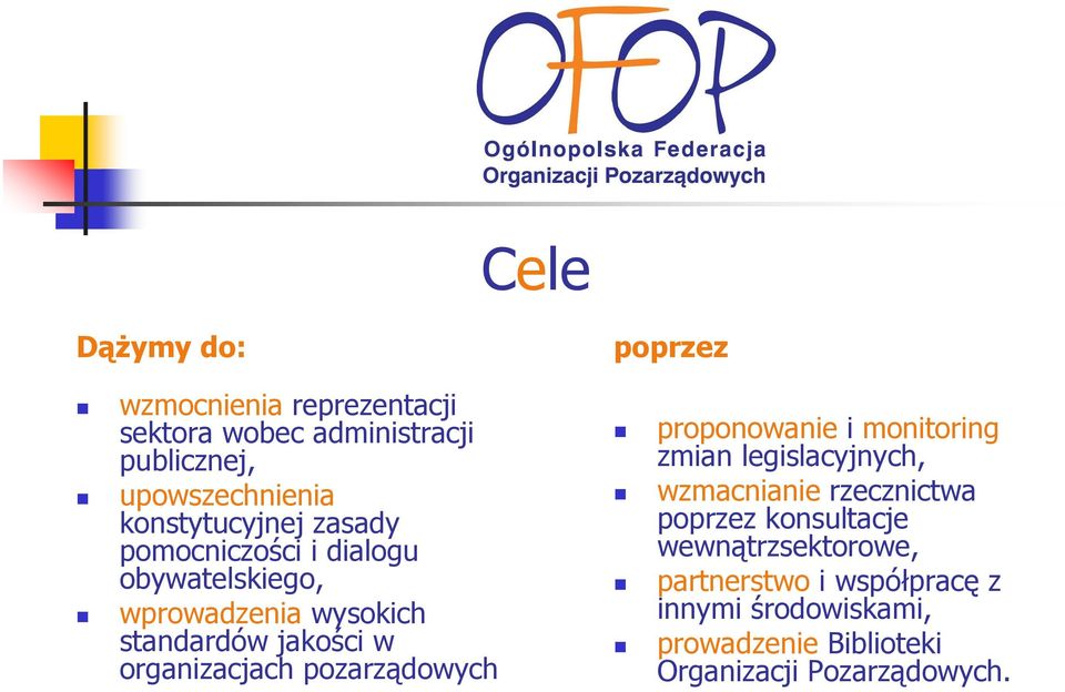 organizacjach pozarządowych proponowanie i monitoring zmian legislacyjnych, wzmacnianie rzecznictwa poprzez