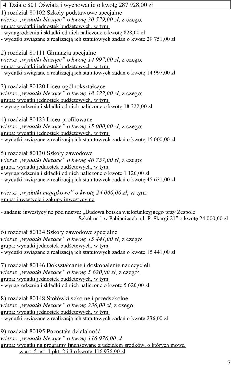 wydatki związane z realizacją ich statutowych zadań o kwotę 14 997,00 zł 3) rozdział 80120 Licea ogólnokształcące wiersz wydatki bieżące o kwotę 18 322,00 zł, z czego: - wynagrodzenia i składki od