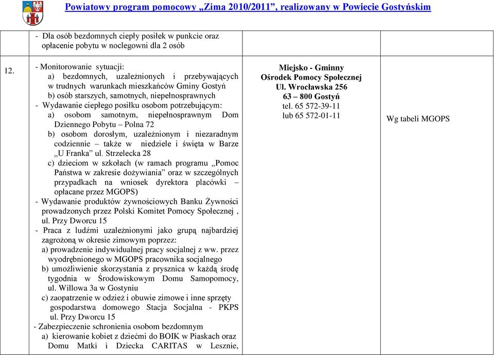 osobom potrzebującym: a) osobom samotnym, niepełnosprawnym Dom Dziennego Pobytu Polna 72 b) osobom dorosłym, uzależnionym i niezaradnym codziennie także w niedziele i święta w Barze U Franka ul.