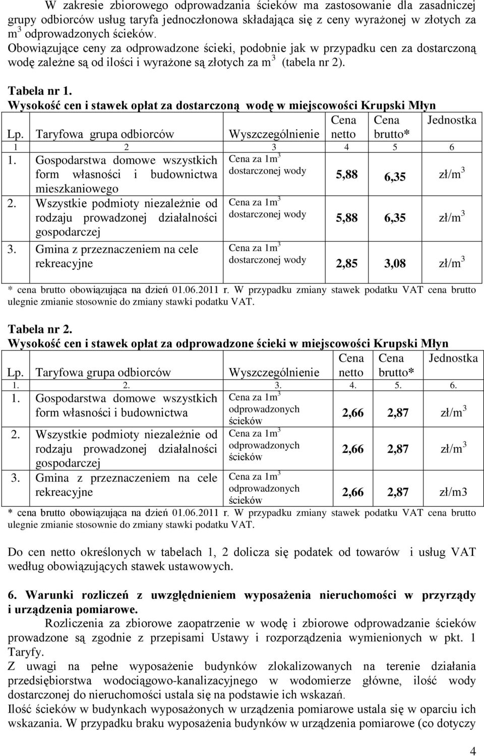 Wysokość cen i stawek opłat za dostarczoną wodę w miejscowości Krupski Młyn Cena Cena Jednostka Lp. Taryfowa grupa odbiorców Wyszczególnienie netto brutto* 1 2 3 4 5 6 1.