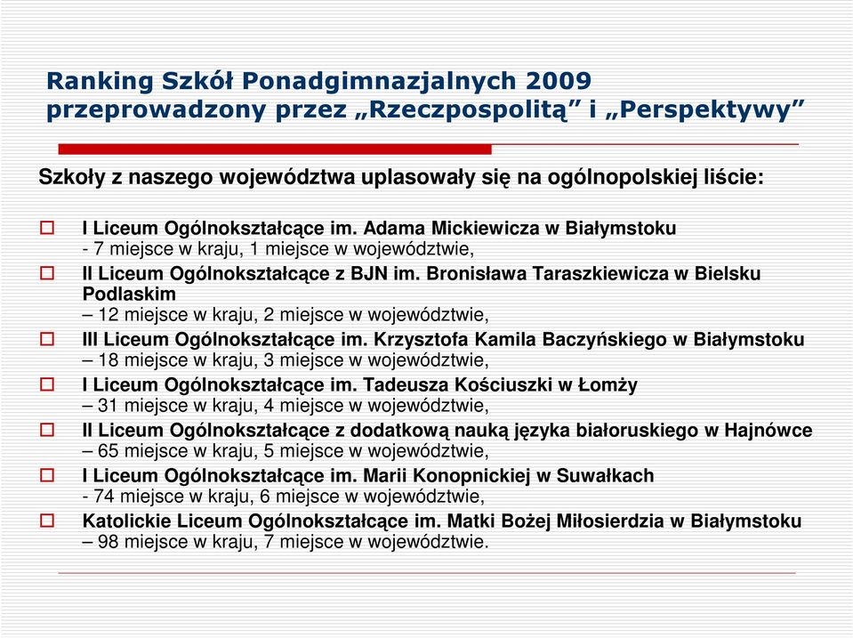 Bronisława Taraszkiewicza w Bielsku Podlaskim 12 miejsce w kraju, 2 miejsce w województwie, III Liceum Ogólnokształcące im.