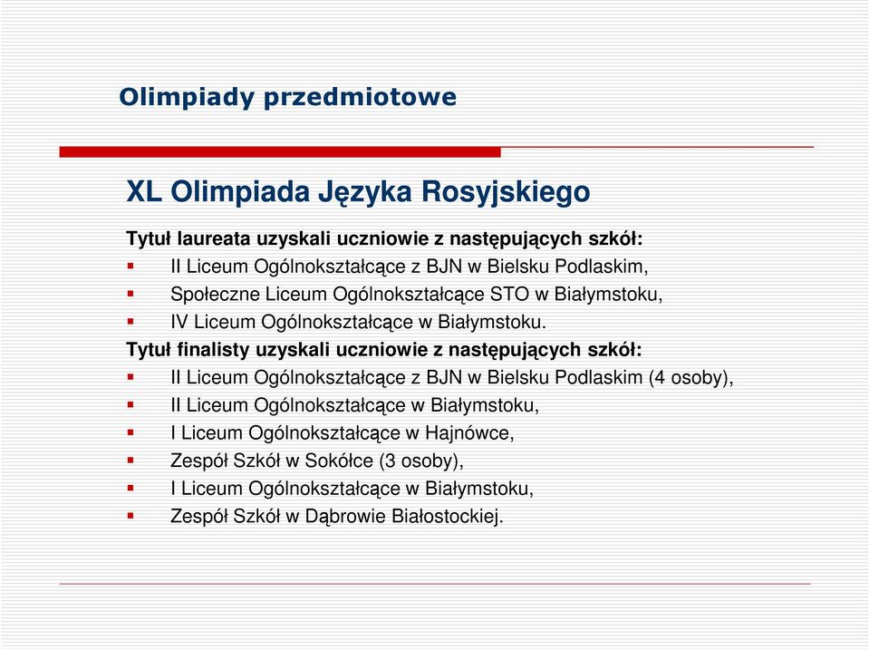 Tytuł finalisty uzyskali uczniowie z następujących szkół: II Liceum Ogólnokształcące z BJN w Bielsku Podlaskim (4 osoby), II Liceum