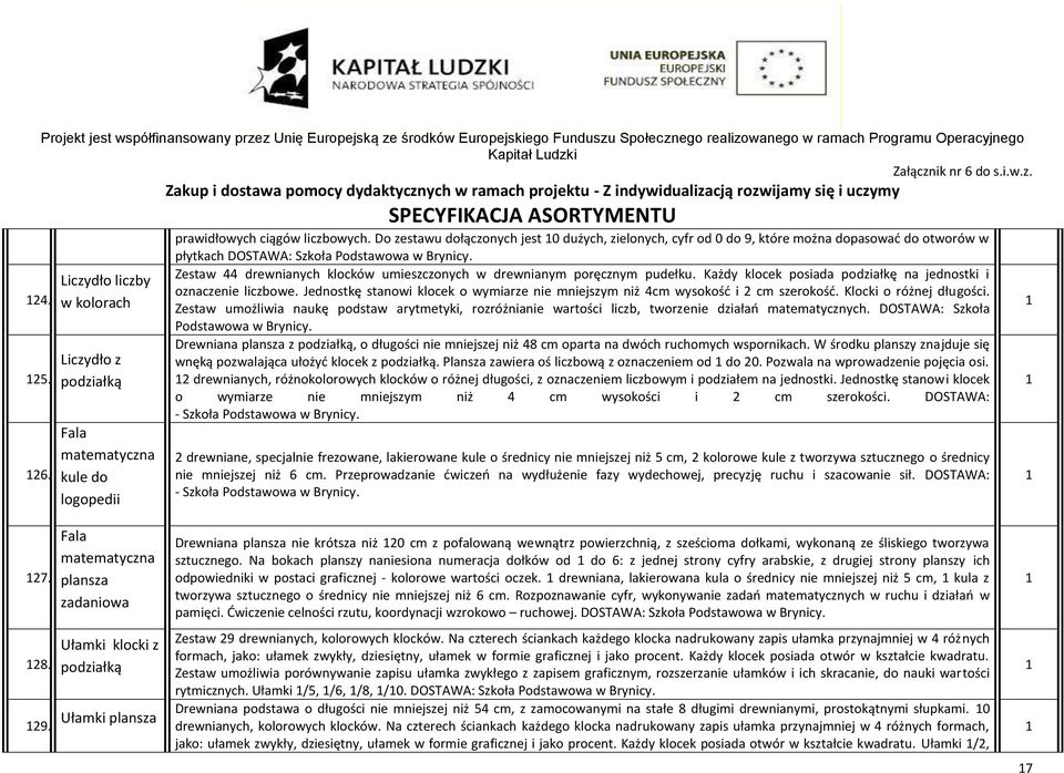 Zestaw 44 drewnianych klocków umieszczonych w drewnianym poręcznym pudełku. Każdy klocek posiada podziałkę na jednostki i oznaczenie liczbowe.