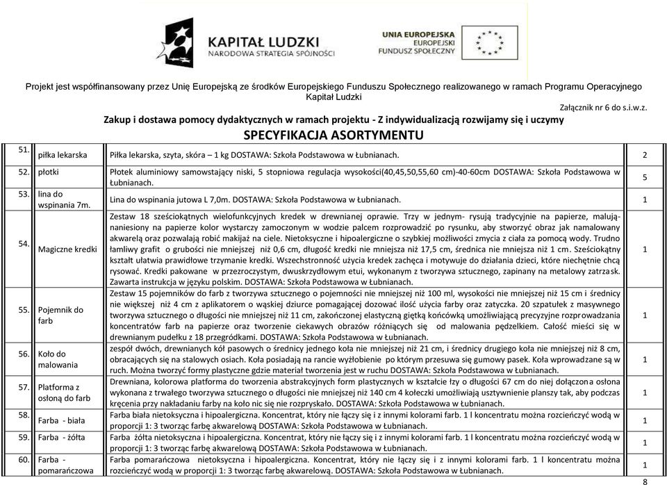 Lina do wspinania jutowa L 7,0m. DOSTAWA: Szkoła Podstawowa w Łubnianach. Zestaw 8 sześciokątnych wielofunkcyjnych kredek w drewnianej oprawie.