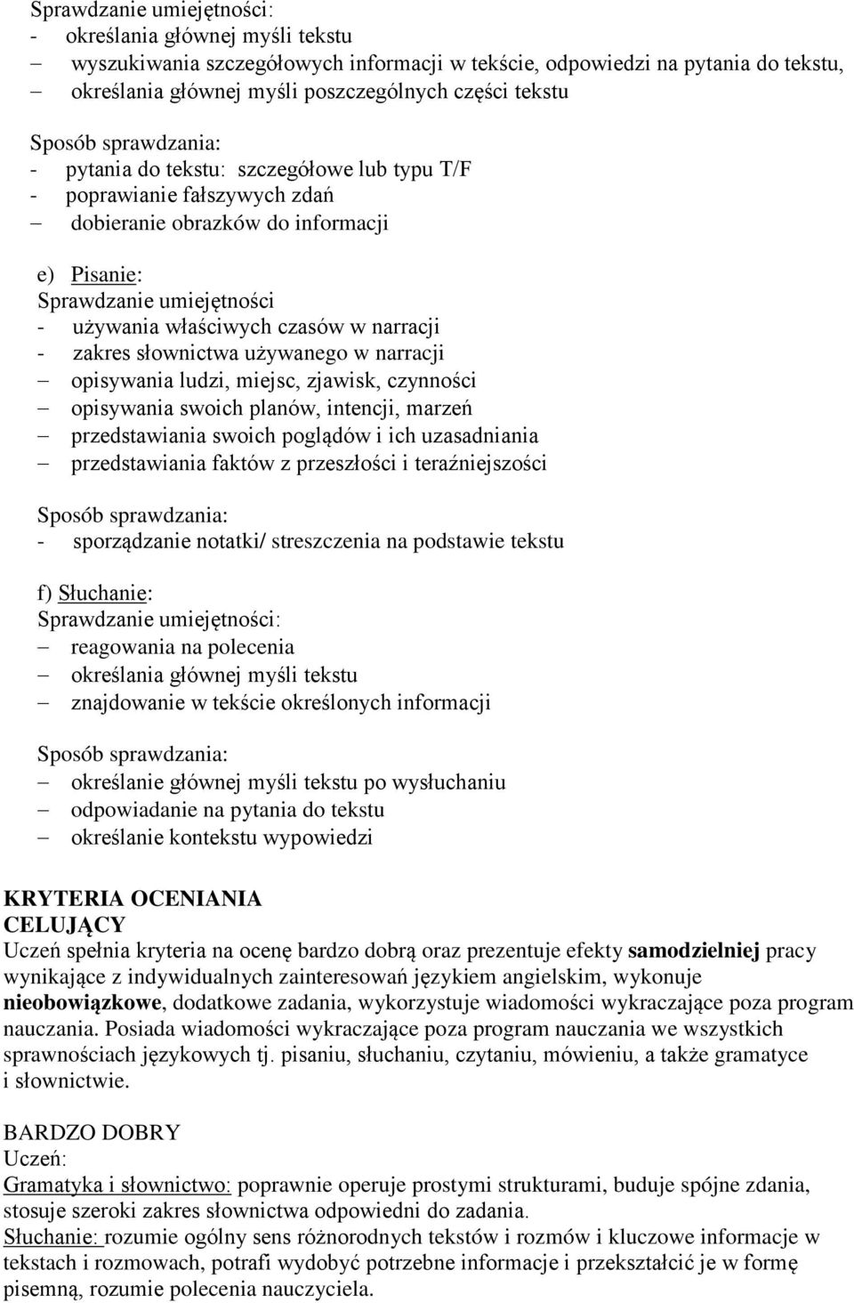 narracji opisywania ludzi, miejsc, zjawisk, czynności opisywania swoich planów, intencji, marzeń przedstawiania swoich poglądów i ich uzasadniania przedstawiania faktów z przeszłości i