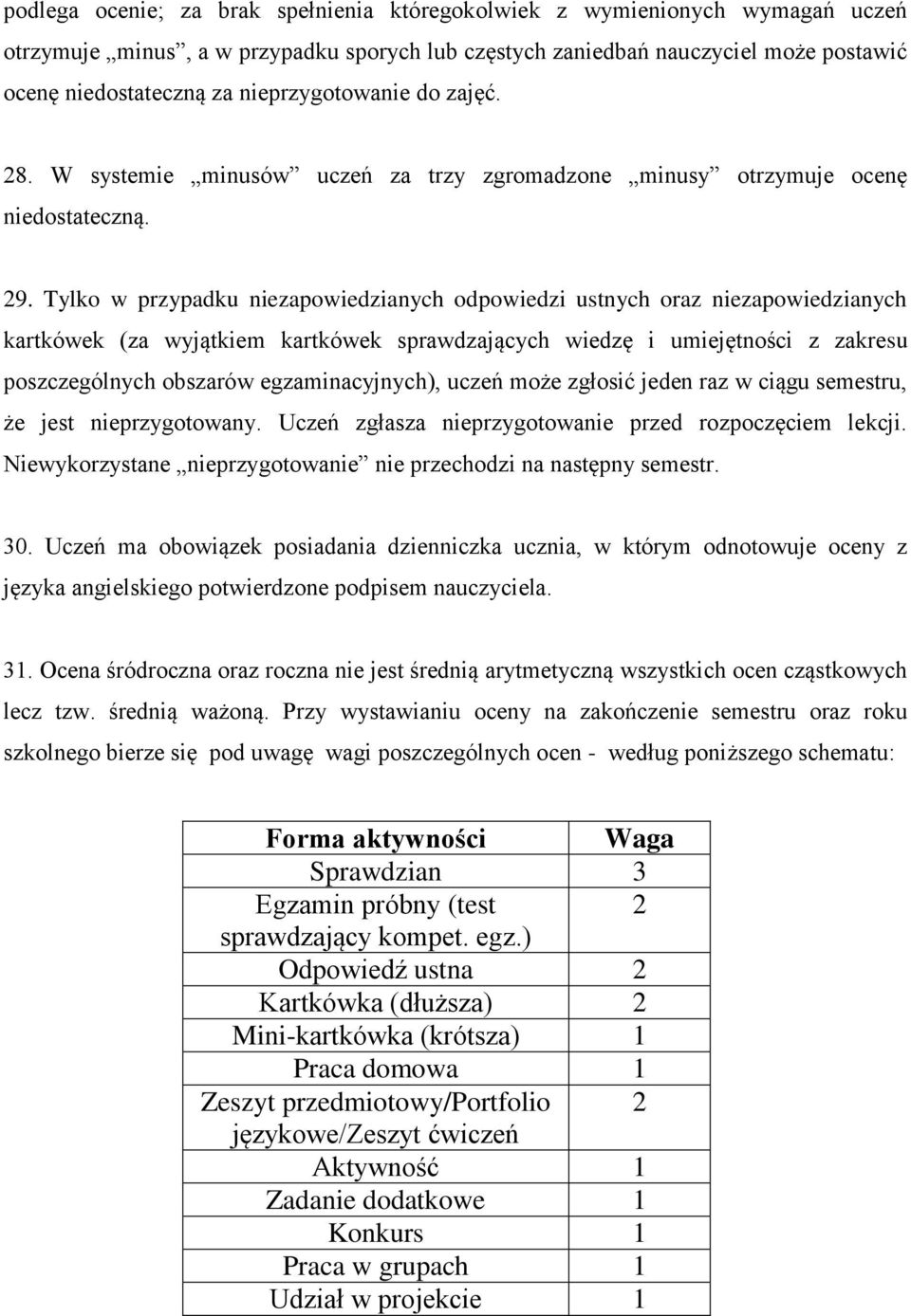 Tylko w przypadku niezapowiedzianych odpowiedzi ustnych oraz niezapowiedzianych kartkówek (za wyjątkiem kartkówek sprawdzających wiedzę i umiejętności z zakresu poszczególnych obszarów