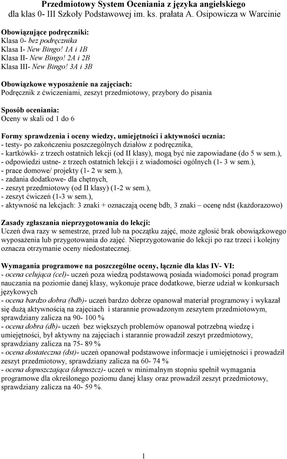 3A i 3B Obowiązkowe wyposażenie na zajęciach: Podręcznik z ćwiczeniami, zeszyt przedmiotowy, przybory do pisania Sposób oceniania: Oceny w skali od 1 do 6 Formy sprawdzenia i oceny wiedzy,