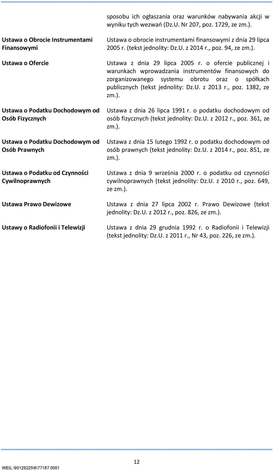 Ustawa Prawo Dewizowe Ustawy o Radiofonii i Telewizji Ustawa o obrocie instrumentami finansowymi z dnia 29 lipca 2005 r. (tekst jednolity: Dz.U. z 2014 r., poz. 94, ze zm.).