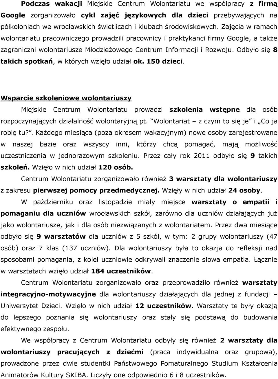 Odbyło się 8 takich spotkań, w których wzięło udział ok. 150 dzieci.