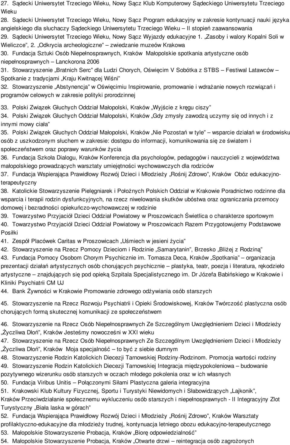 Sądecki Uniwersytet Trzeciego Wieku, Nowy Sącz Wyjazdy edukacyjne 1. Zasoby i walory Kopalni Soli w Wieliczce, 2. Odkrycia archeologiczne zwiedzanie muzeów Krakowa 30.