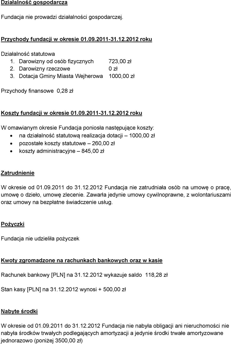 2012 roku W omawianym okresie Fundacja poniosła następujące koszty: na działalność statutową realizacja dotacji 100 pozostałe koszty statutowe 26 koszty administracyjne 845,00 zł Zatrudnienie W