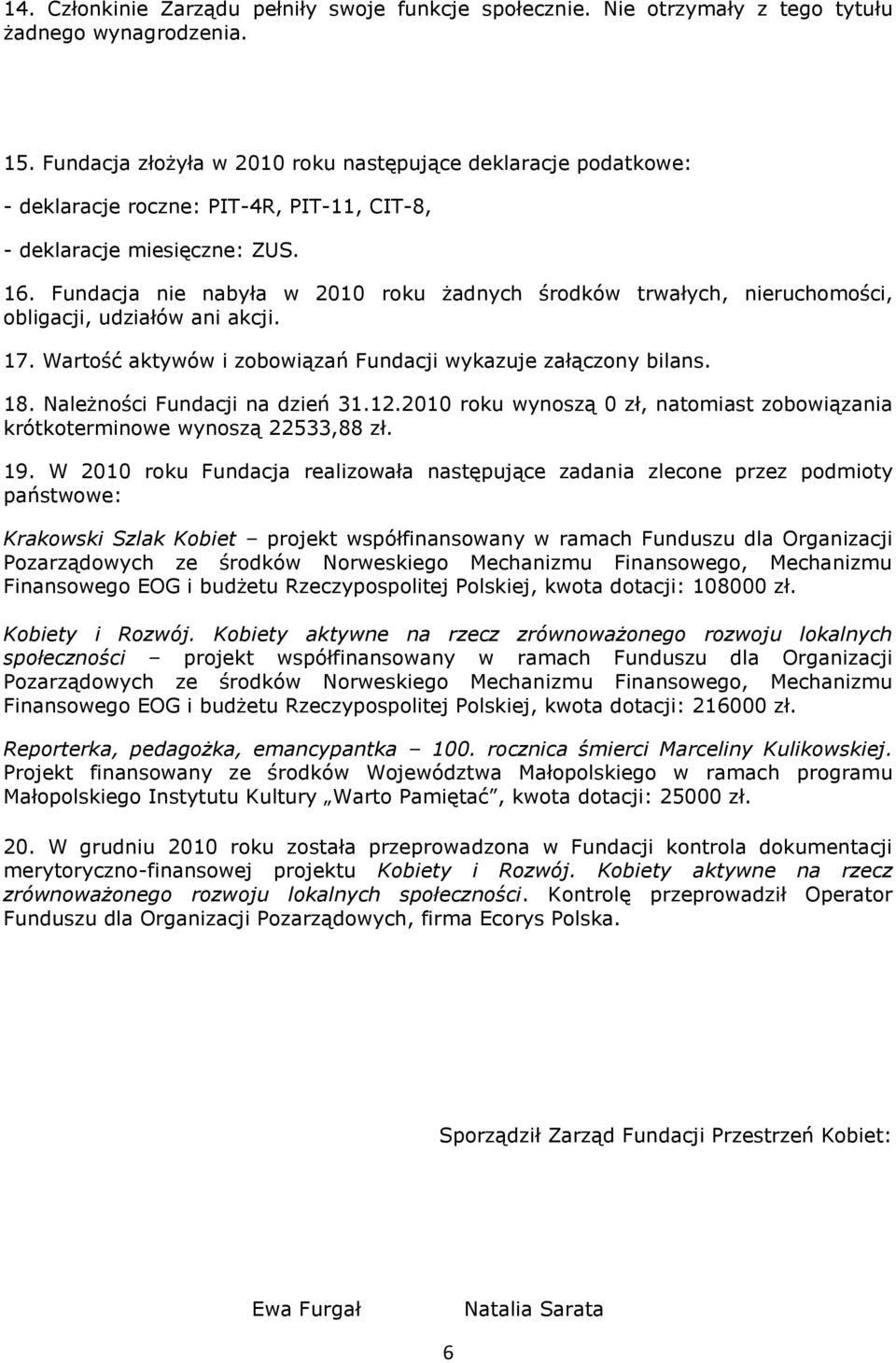 Fundacja nie nabyła w 2010 roku żadnych środków trwałych, nieruchomości, obligacji, udziałów ani akcji. 17. Wartość aktywów i zobowiązań Fundacji wykazuje załączony bilans. 18.