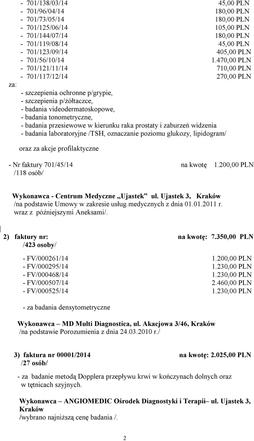470,00 PLN - 701/121/11/14 710,00 PLN - 701/117/12/14 270,00 PLN - szczepienia ochronne p/grypie, - szczepienia p/żółtaczce, - badania videodermatoskopowe, - badania tonometryczne, - badania
