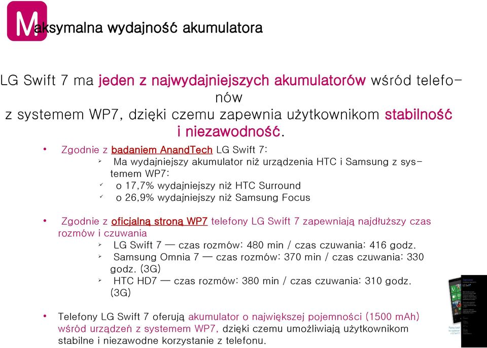 Zgodnie z oficjaną stroną WP7 teefony LG Swift 7 zapewniają najdłuższy czas rozmów i czuwania LG Swift 7 czas rozmów: 480 min / czas czuwania: 416 godz.